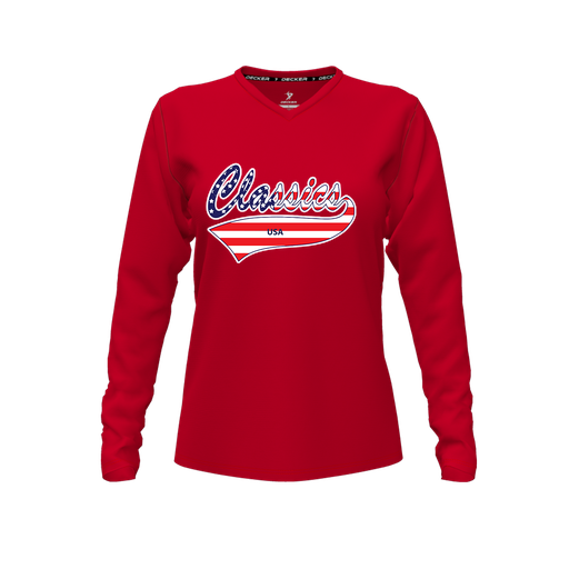 [FTLVCFRD-FYXS-LOGO2] Decker Comfort T-Shirt (Female Youth XS, Red, V Neck, Logo 2, Long Sleeve)