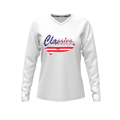 [FTLVPTWH-FYXS-LOGO2] Decker Performance T-Shirt (Female Youth XS, White, V Neck, Logo 2, Long Sleeve)