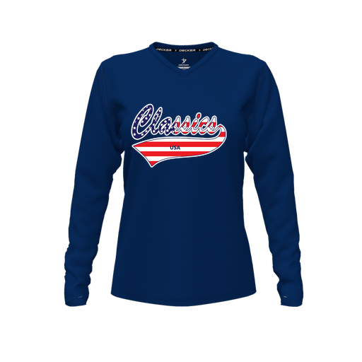 [FTLVPTNV-FYXS-LOGO2] Decker Performance T-Shirt (Female Youth XS, Navy, V Neck, Logo 2, Long Sleeve)