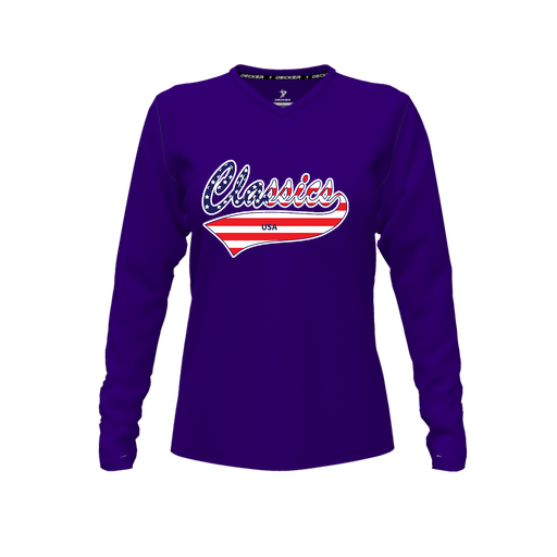 [FTLVPTPP-FYXS-LOGO2] Decker Performance T-Shirt (Female Youth XS, Purple, V Neck, Logo 2, Long Sleeve)